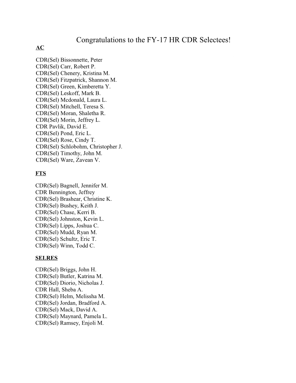 Congratulations to the FY-17 HR CDR Selectees!