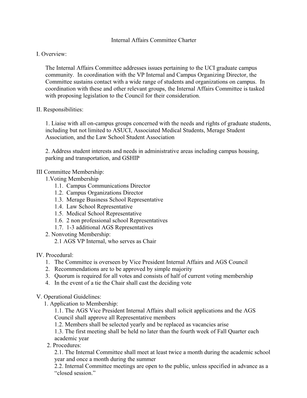 Internal Committee Meeting Charter