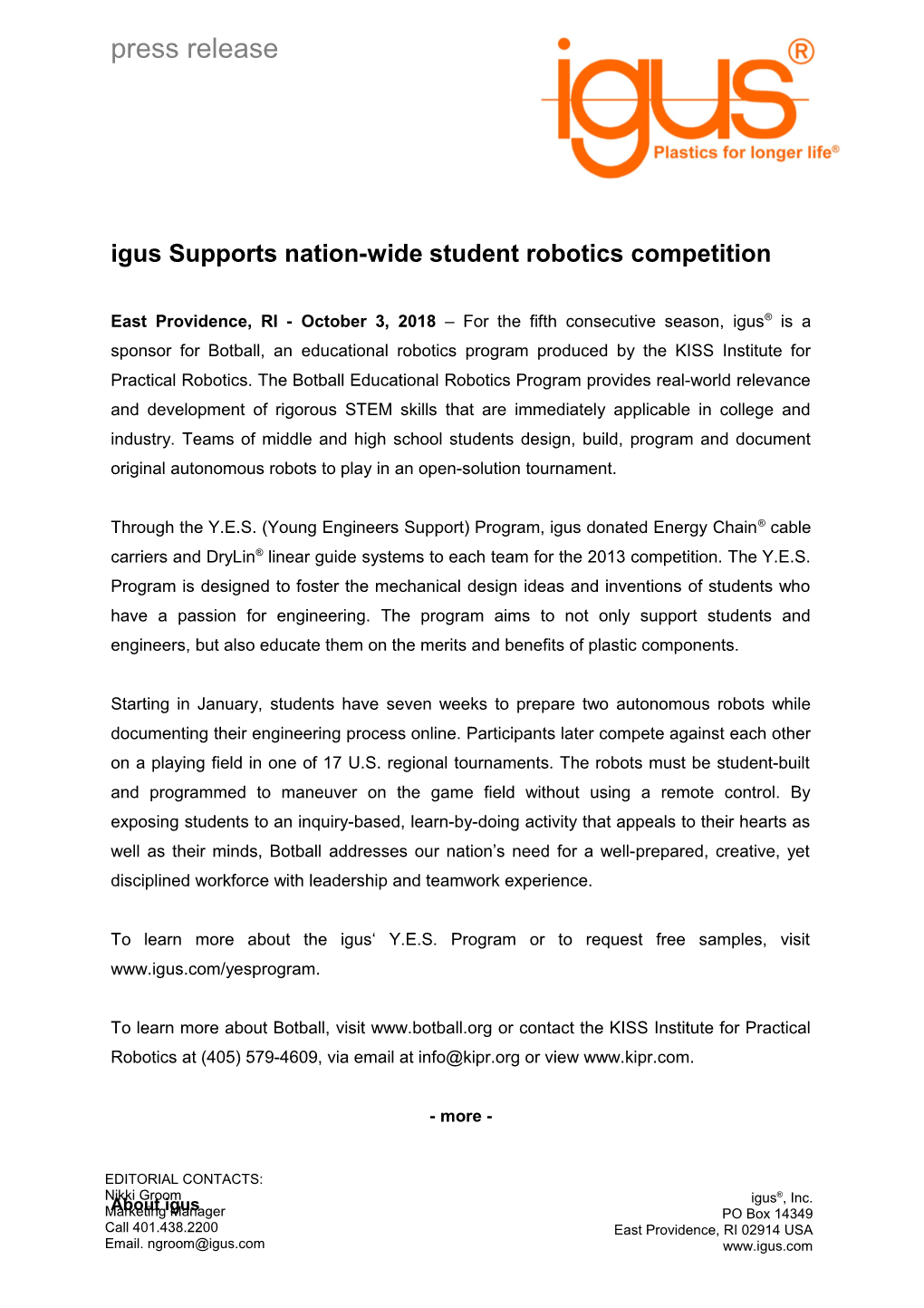 Igus Supports Nation-Wide Student Robotics Competition