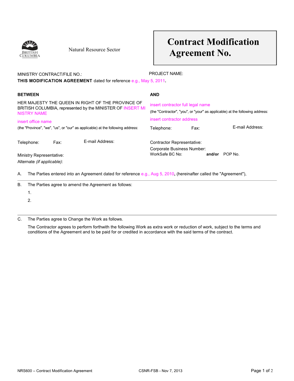 Mof Contract Admendment - Word7 FORM Format - Rev 98/08