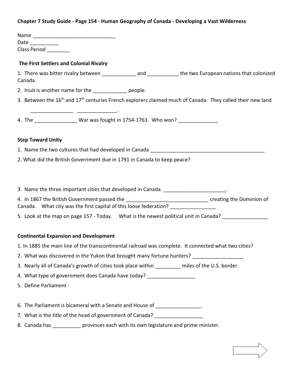 Chapter 7 Study Guide - Page 154 - Human Geography of Canada - Developing a Vast Wilderness