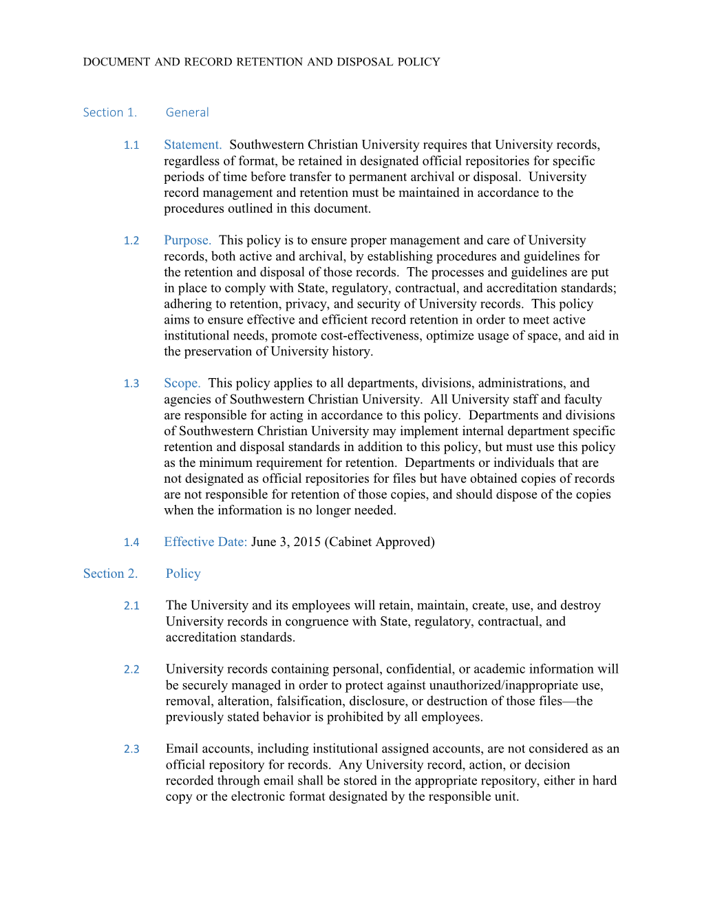 Document and Record Retention and Disposal Policy