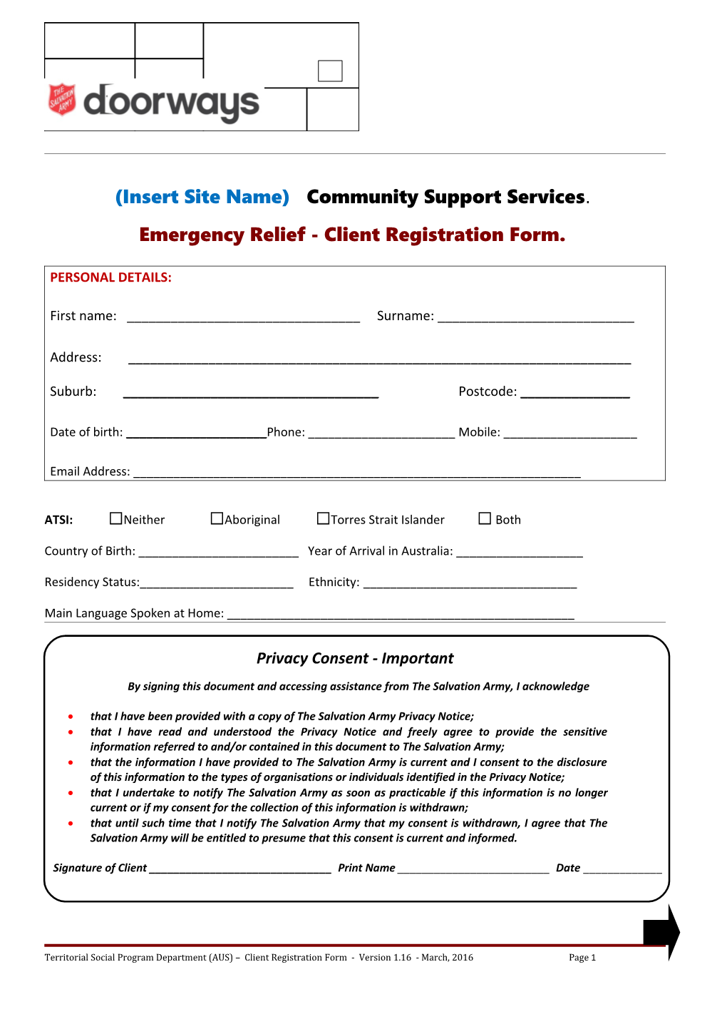 Emergency Relief - Client Registration Form