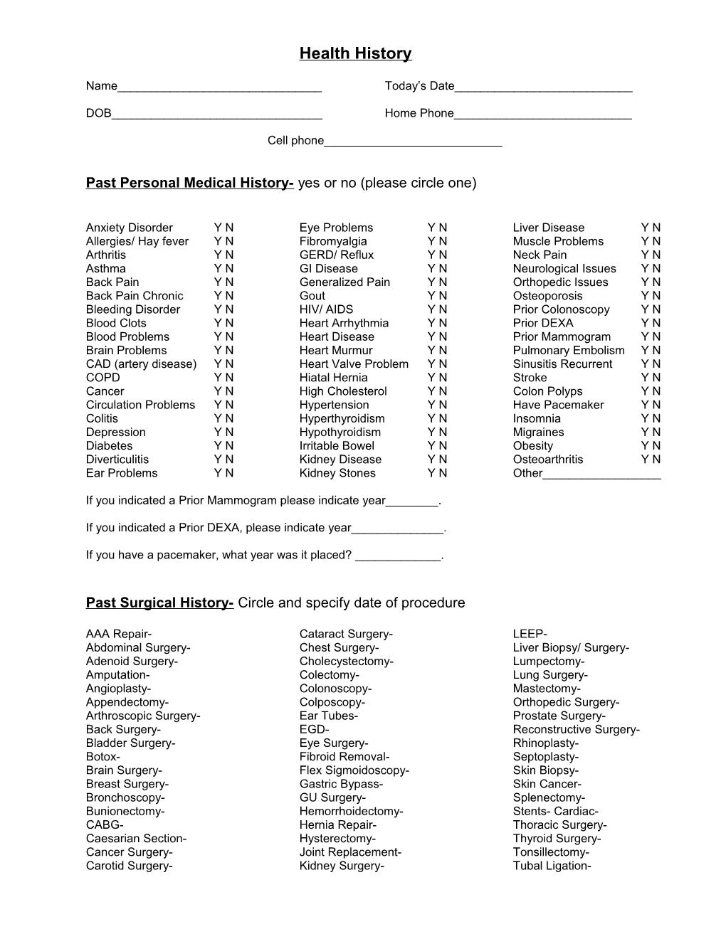 Past Personal Medical History- Yes Or No (Please Circle One)