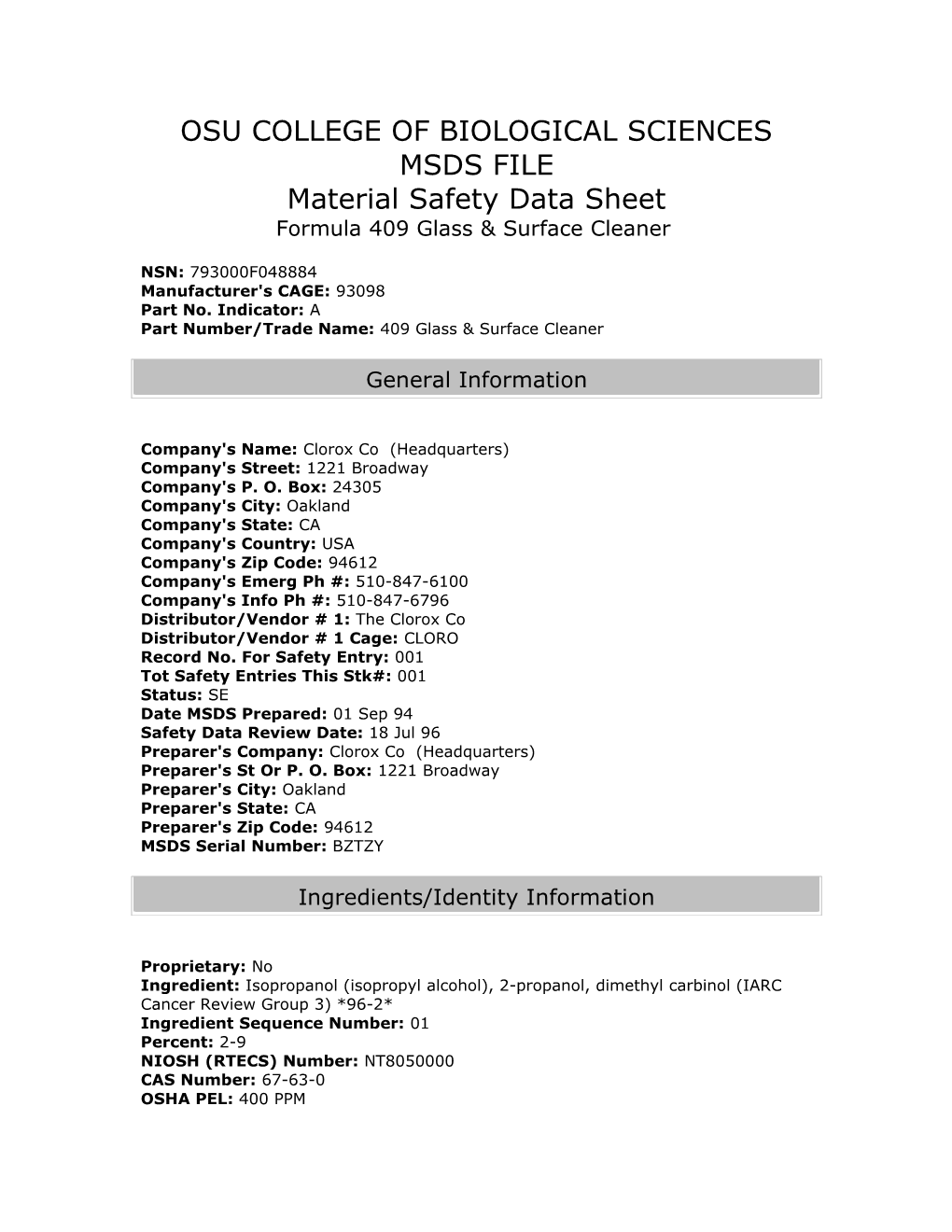 Osu College of Biological Sciences Msds File