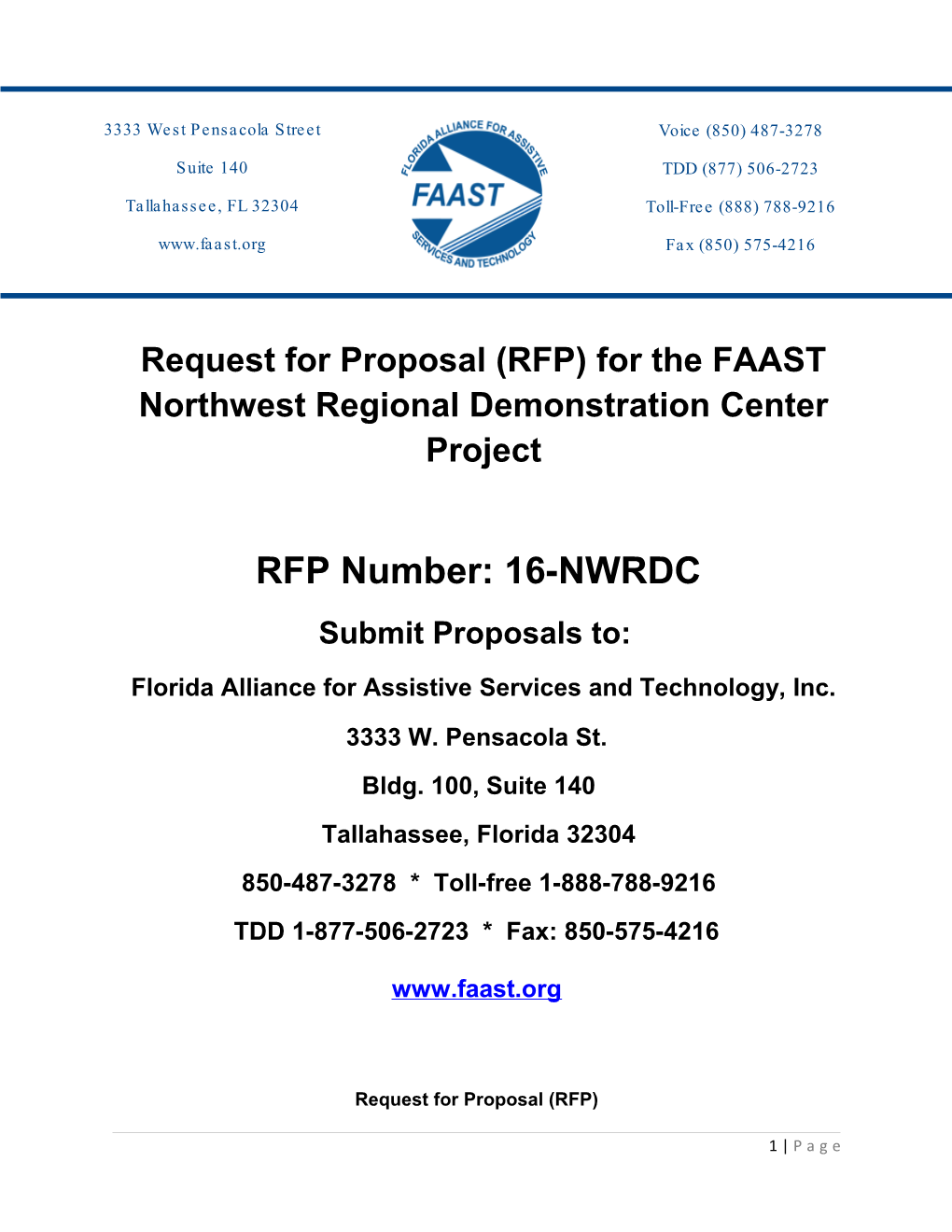 Request for Proposal (RFP) for the FAAST Northwest Regional Demonstration Center Project