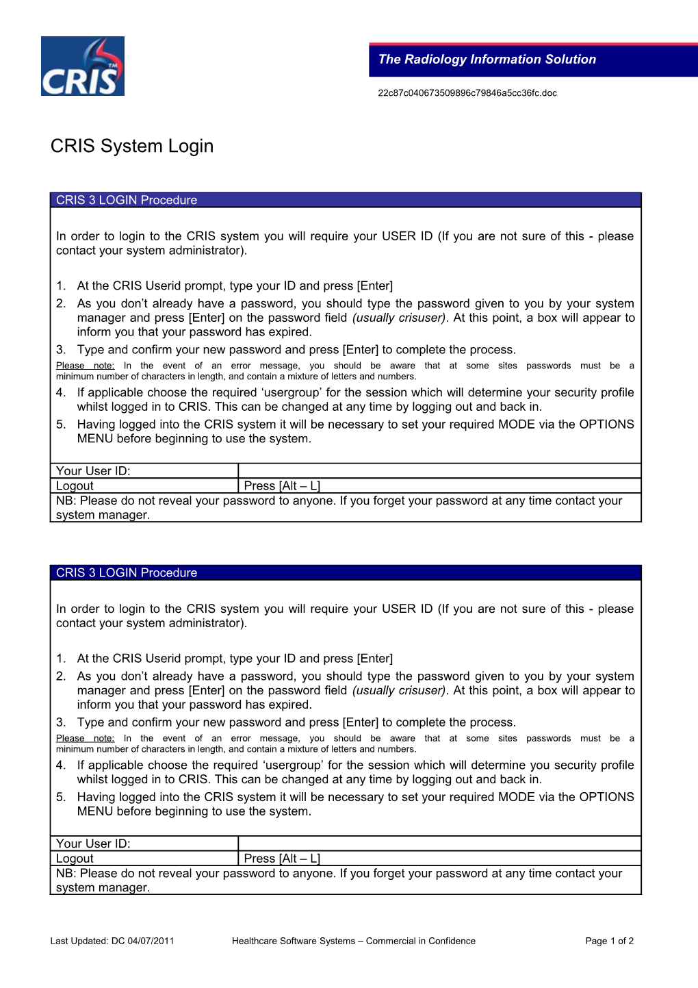 CRIS 3 LOGIN Procedure