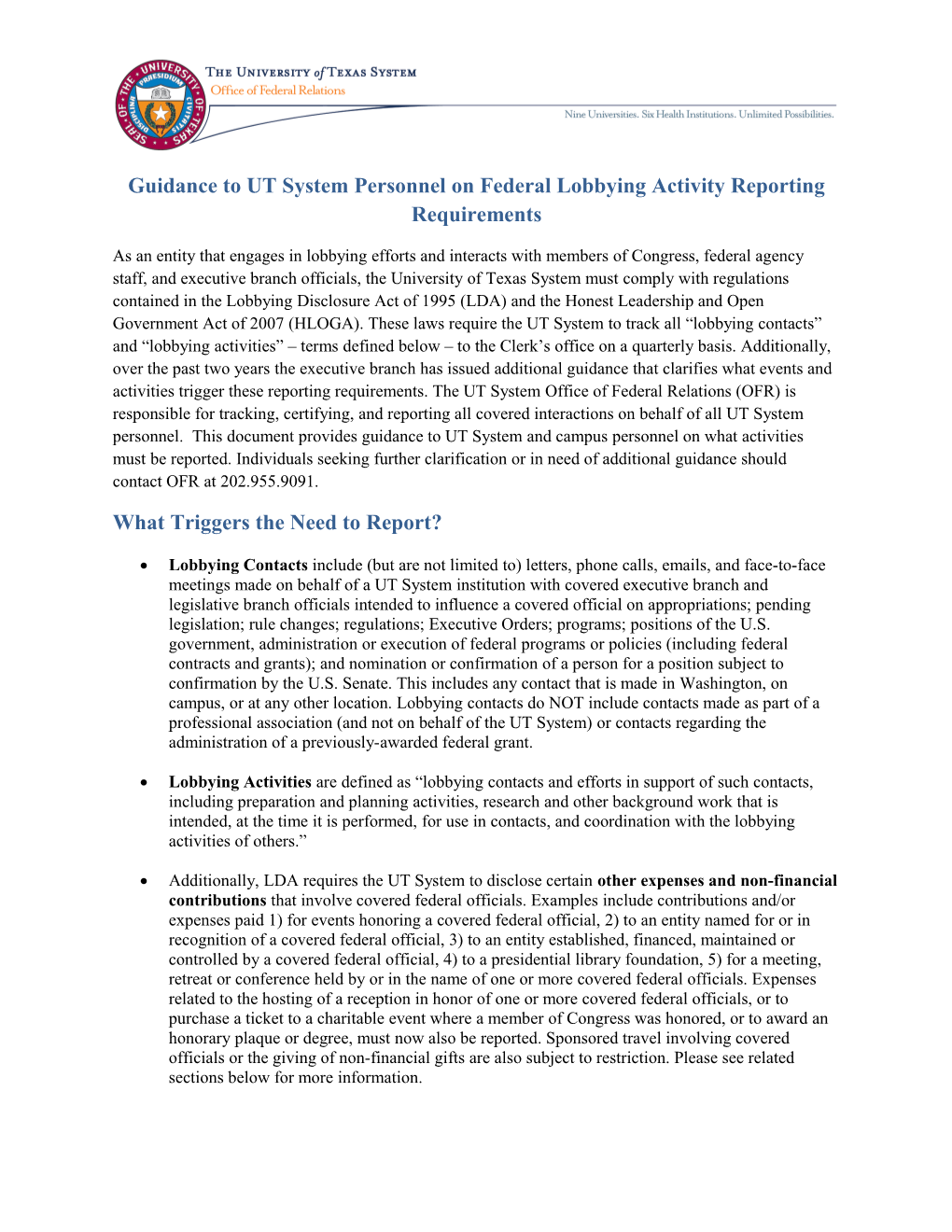 Guidance to UT System Personnel on Federal Lobbying Activity Reporting Requirements