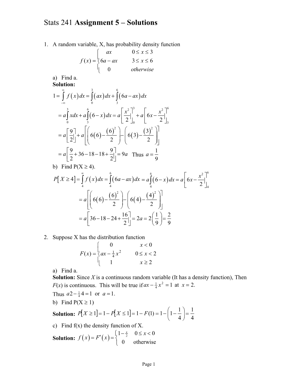 Stats 241 Assignment 5 Solutions