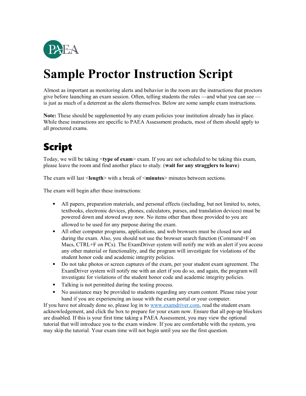 Sample Proctor Instruction Script