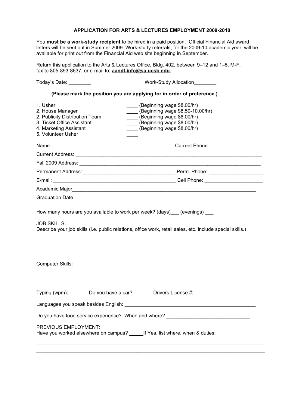 Application for Arts & Lectures Employment