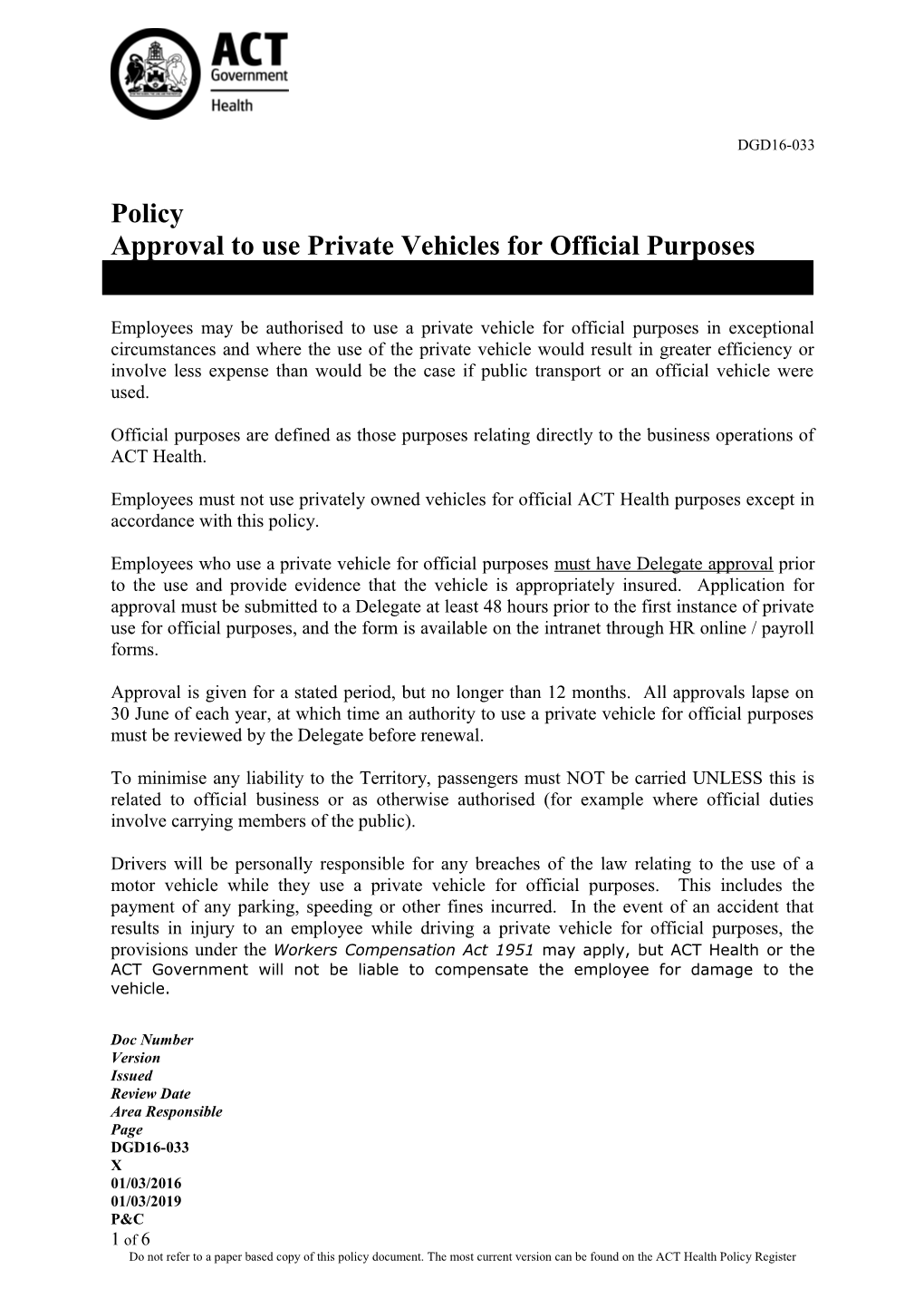 Approval to Use Private Vehicles for Official Purposes Policy