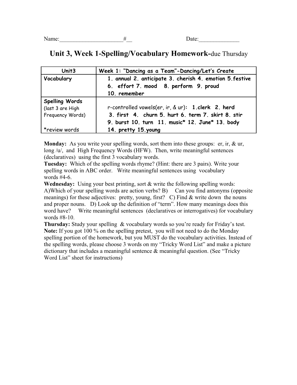 Unit 3, Week 1-Spelling/Vocabulary Homework- Due Thursday