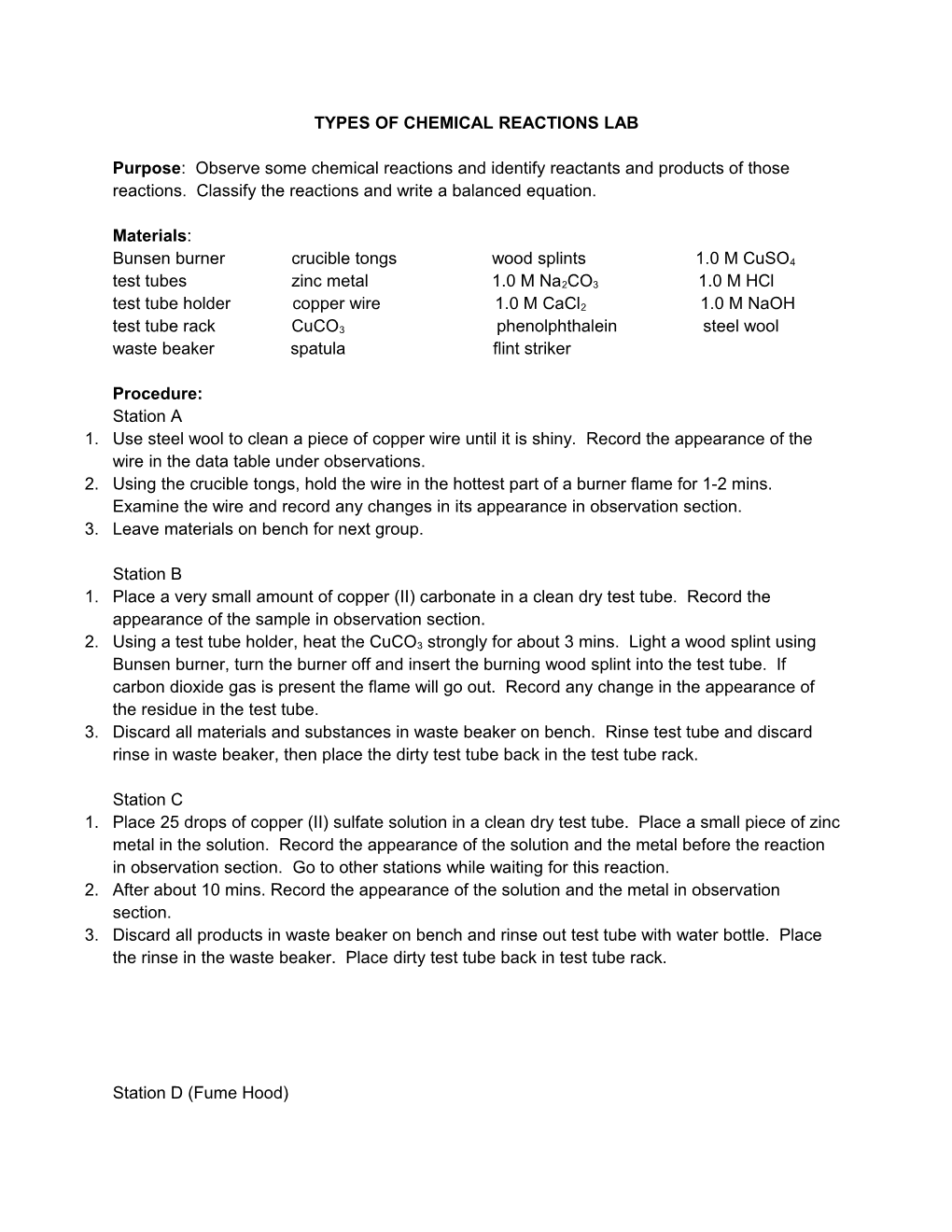 Types of Chemical Reactions Lab