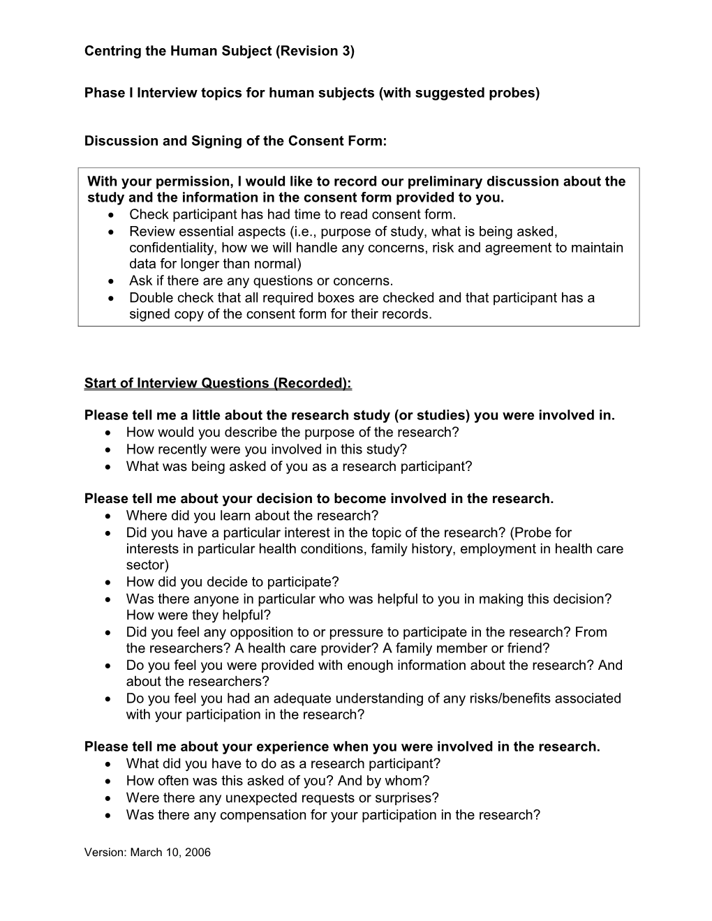 Interview Topics for Human Subjects (With Suggested Probes)