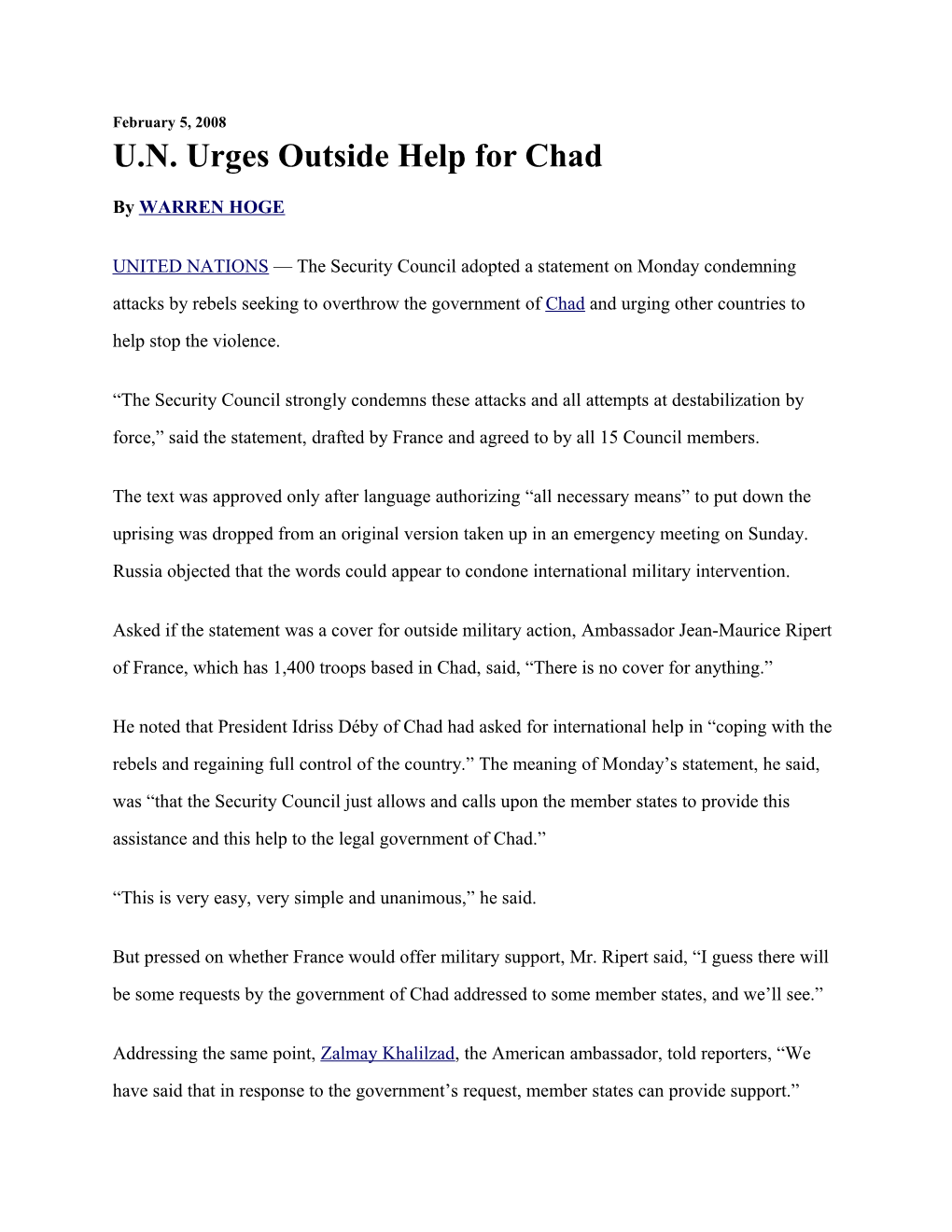 U.N. Urges Outside Help for Chad