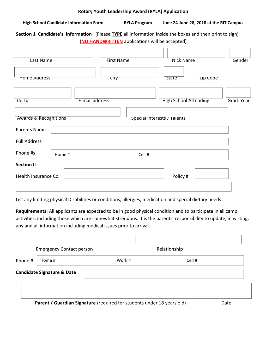 Rotary Youth Leadership Award (RYLA) Application