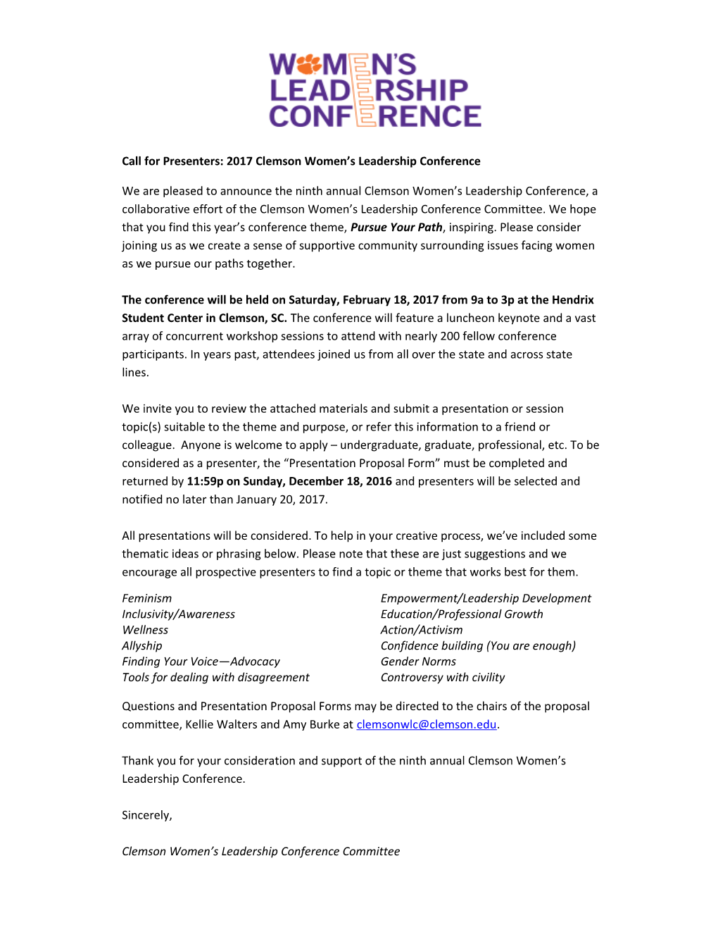 Call for Presenters: 2017 Clemson Women S Leadership Conference