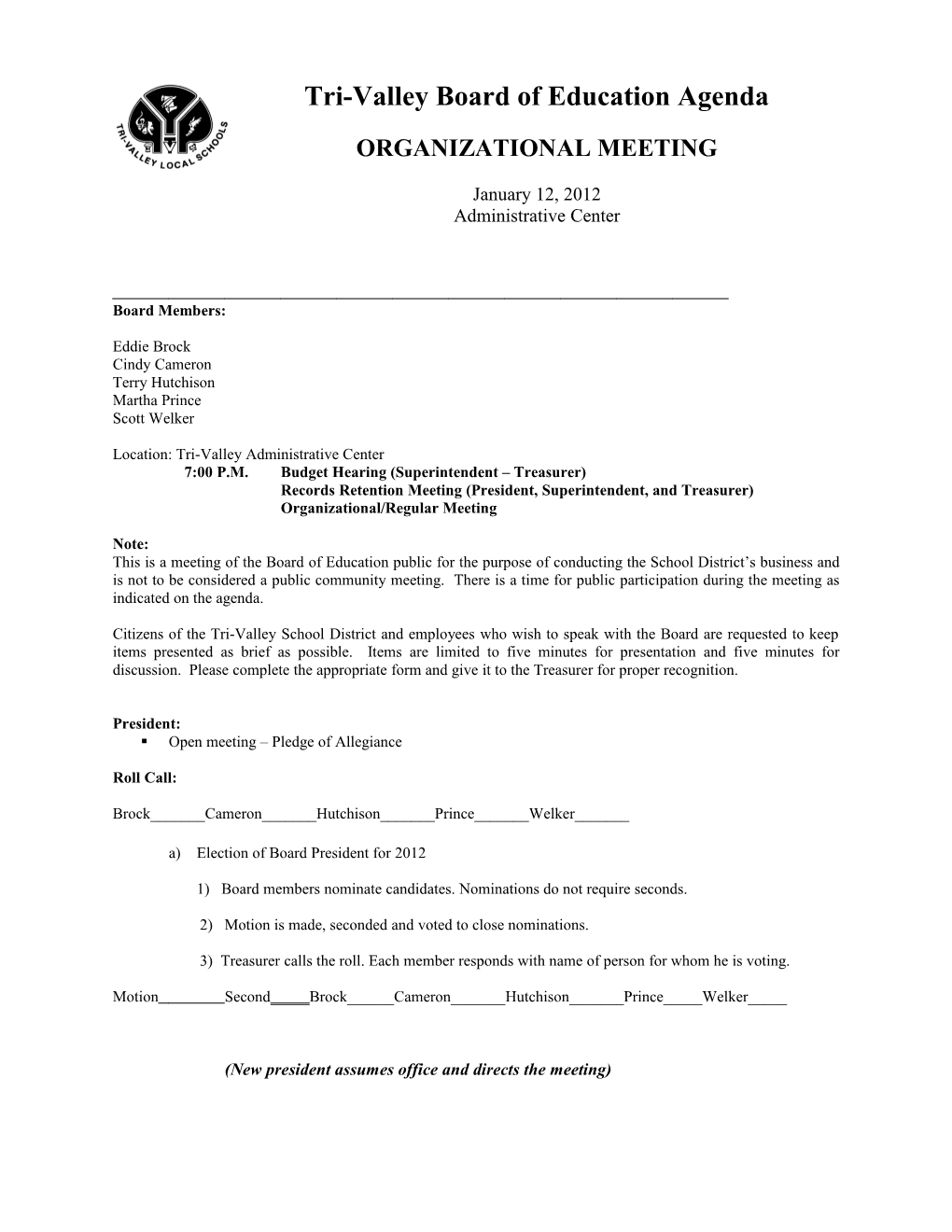 Tri-Valley Board of Education Agenda s1