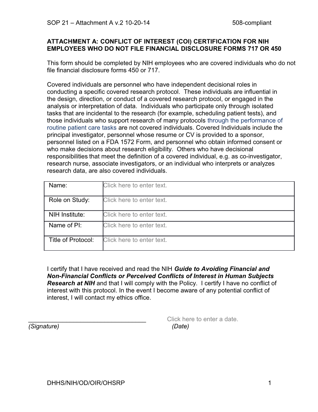 Conflict of Interest Disclosure Form for Protocol Specific Clinical Research