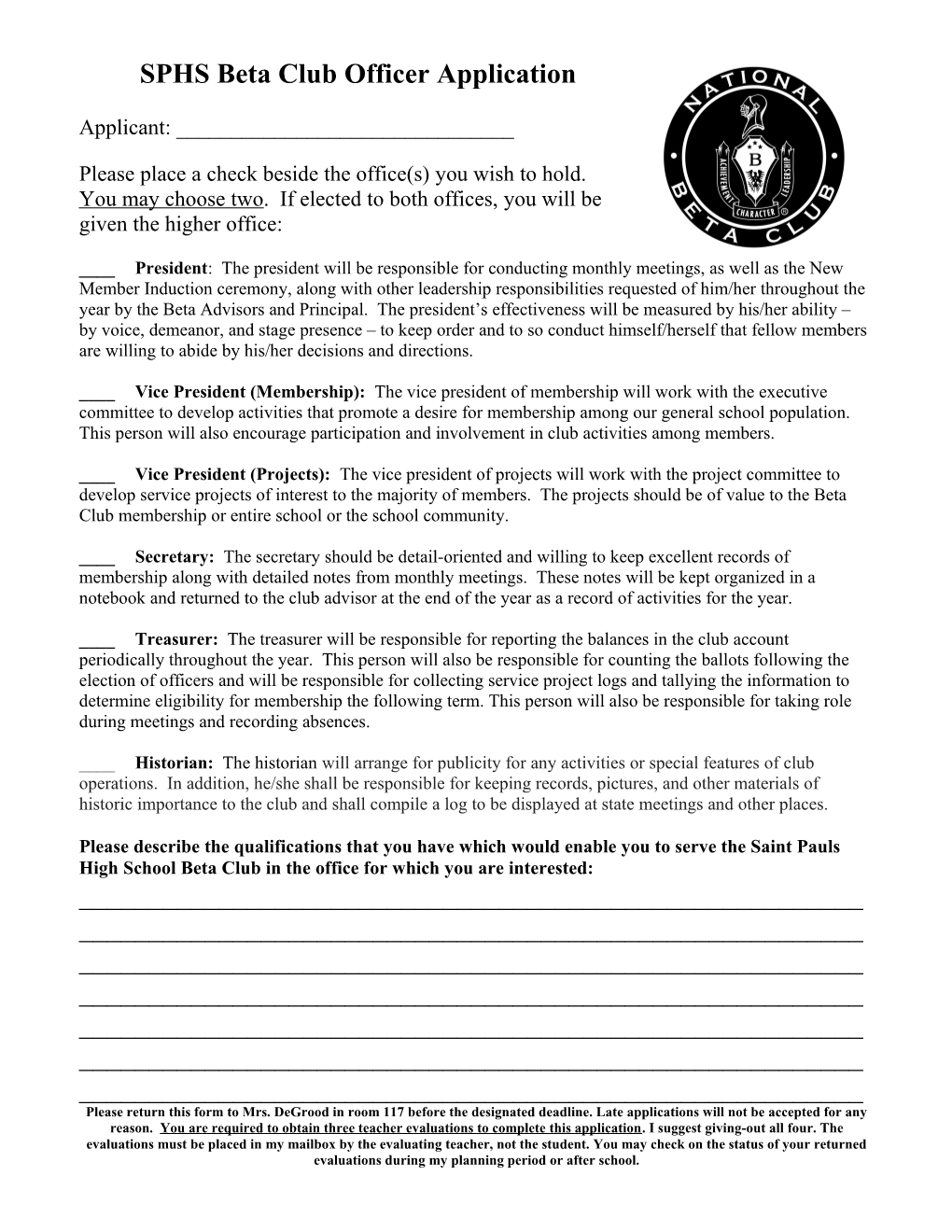 Beta Club Officer Application