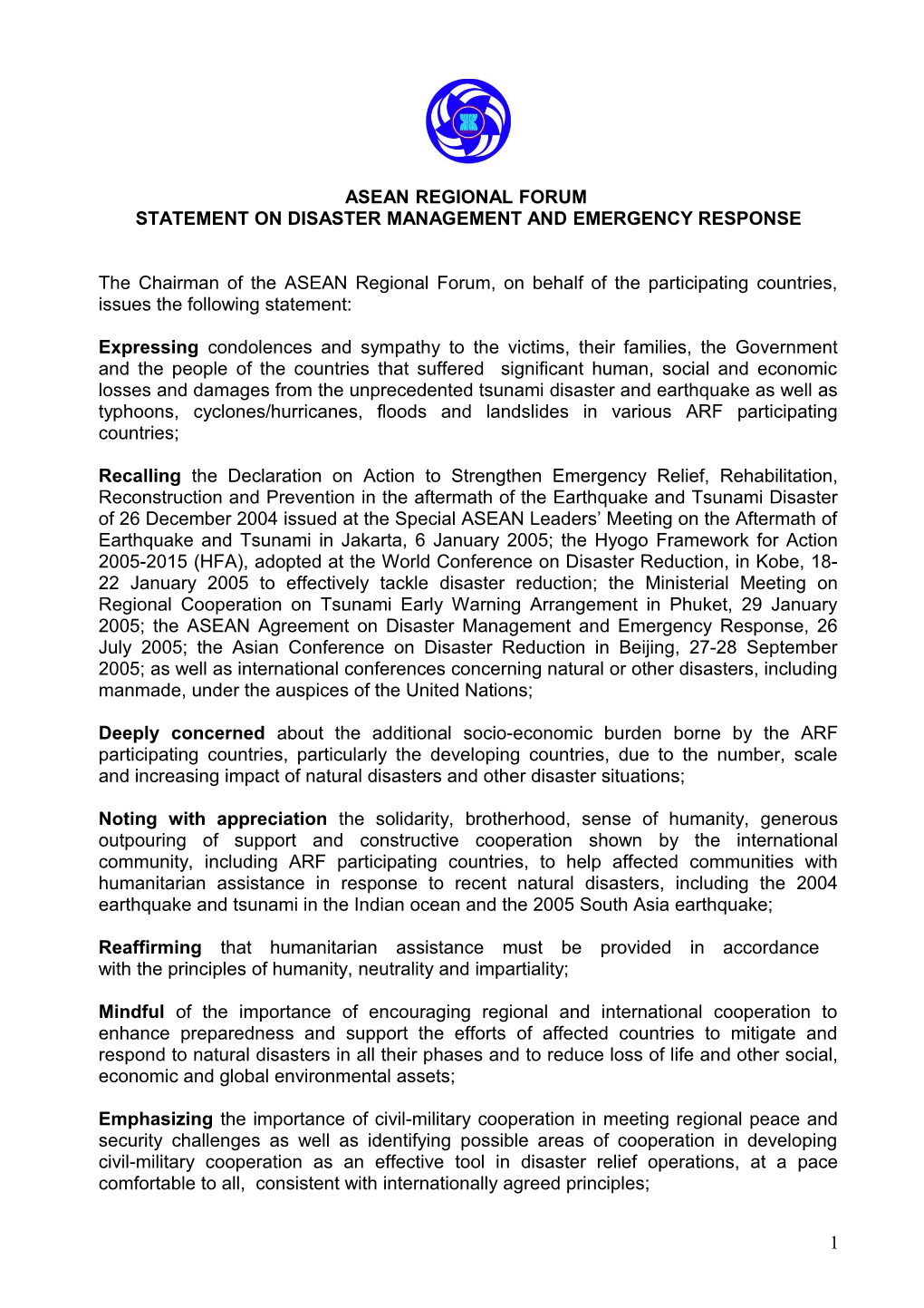 Statement on Disaster Management and Emergency Response