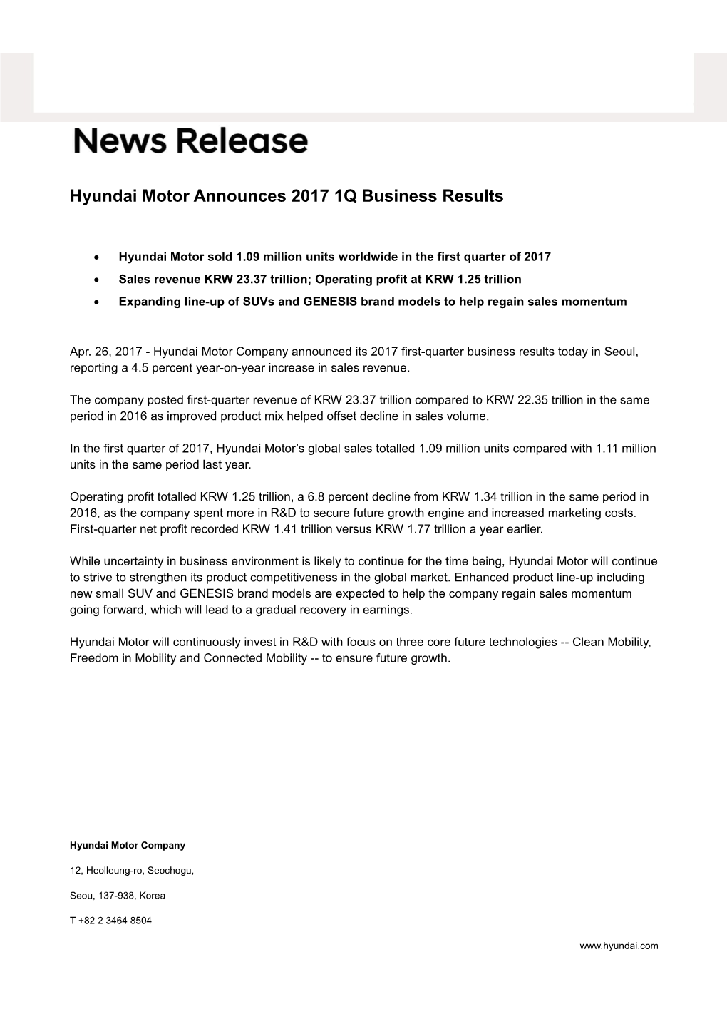 Hyundai Motor Announces 2017 1Q Business Results