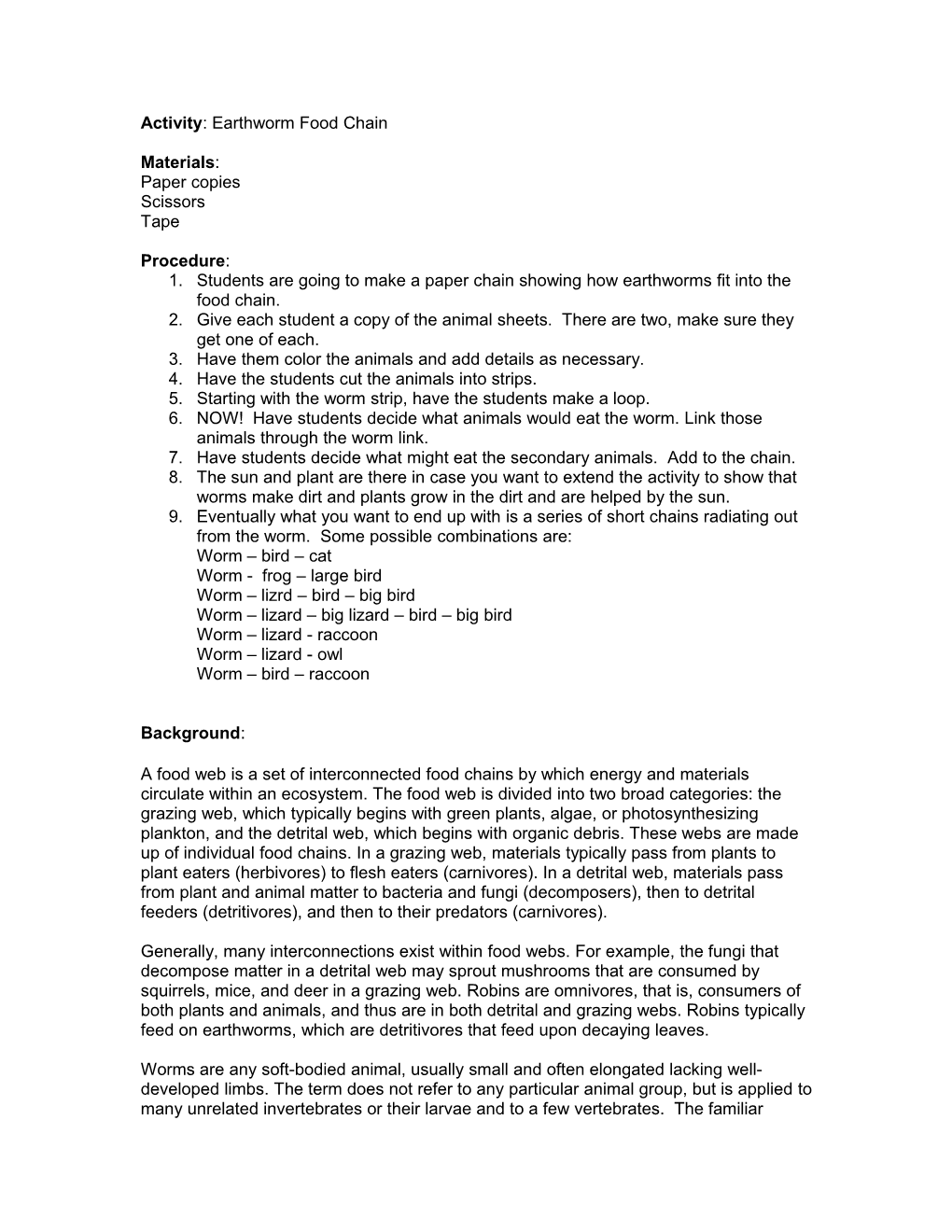 Activity: Earthworm Food Chain