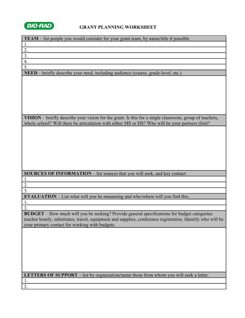 Grant Planning Worksheet