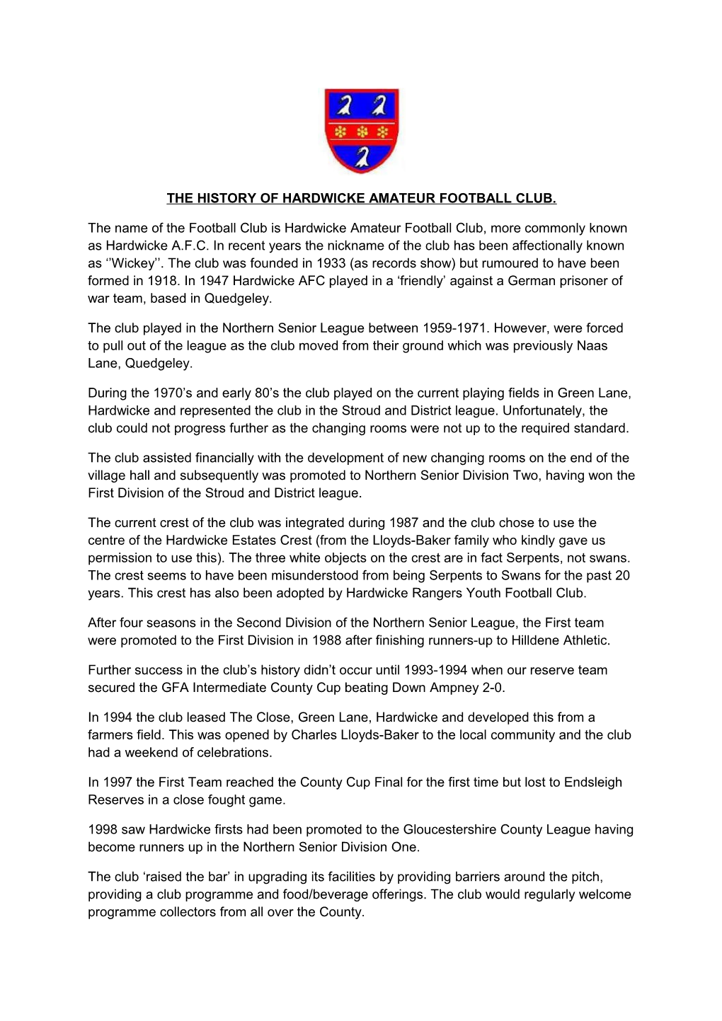 The History of Hardwicke Amateur Football Club