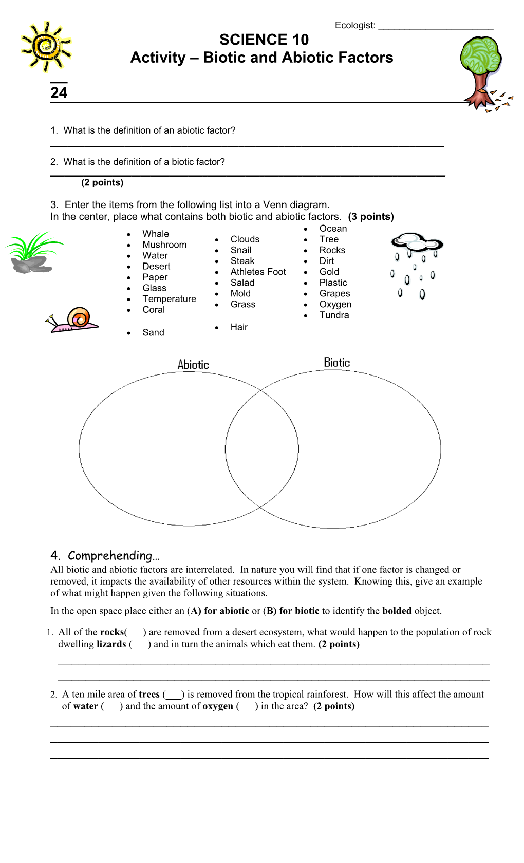 Worksheet 1: Abiotic Versus Biotic Factors