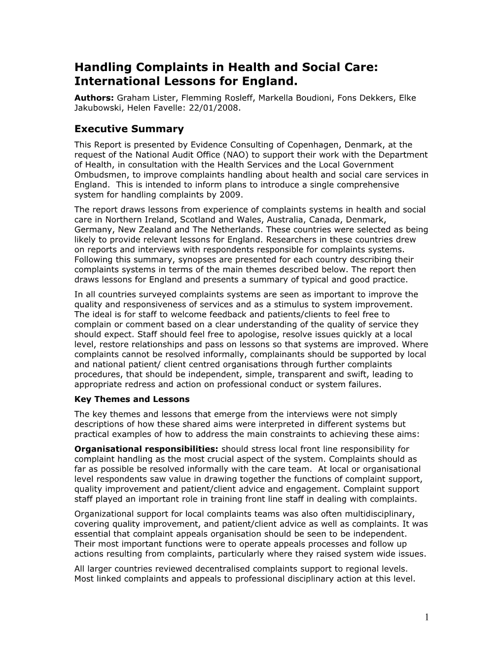 Handling Complaints in Health and Social Care: International Lessons