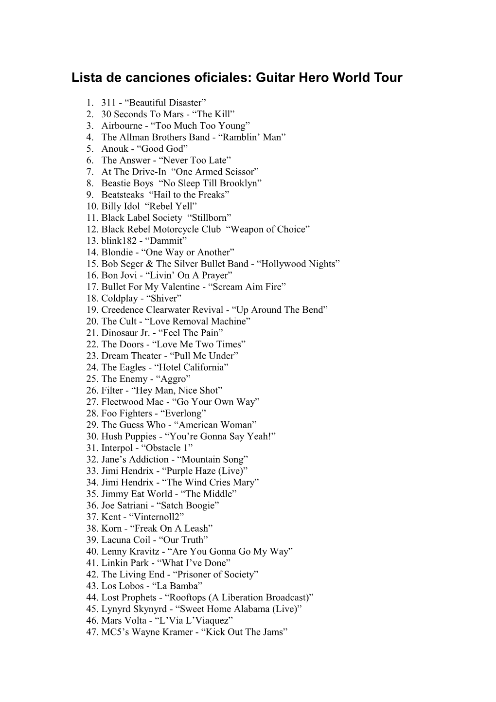Lista De Canciones Oficiales: Guitar Hero World Tour