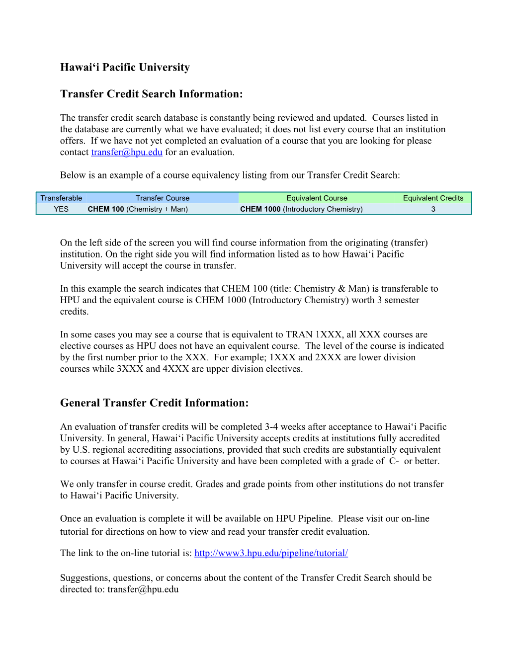 Transfer Credit Search Information