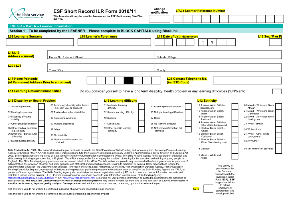 ESF SR Part a Learner Information