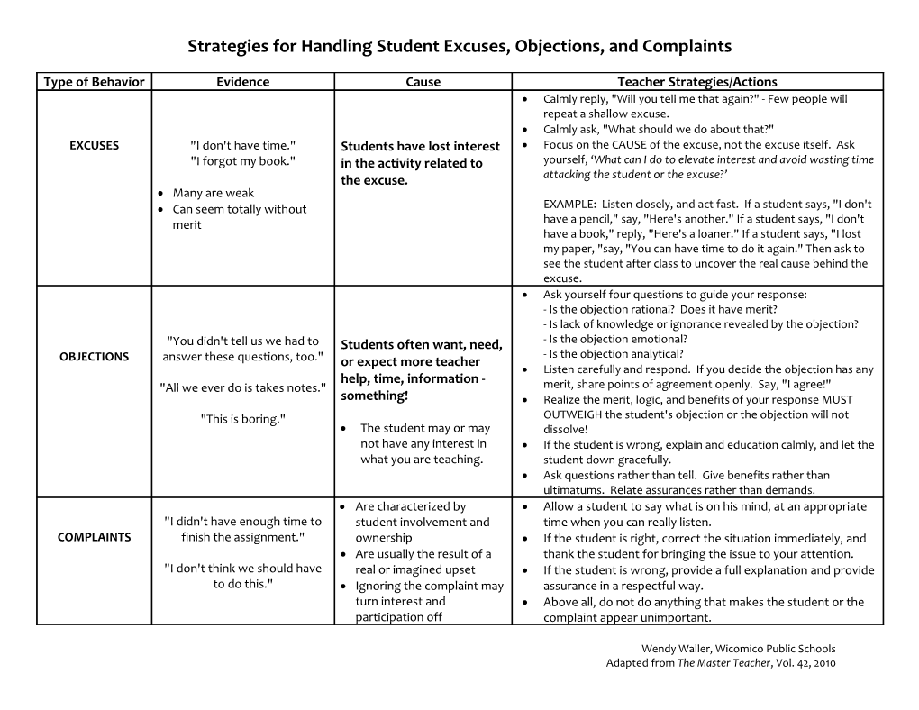 Strategies for Handling Student Excuses, Objections, and Complaints