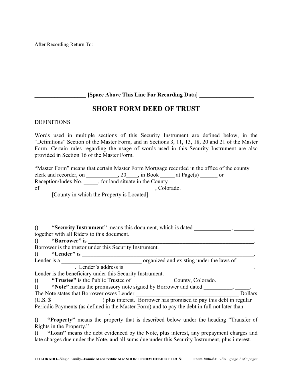 Colorado Security Instrument (Form 3006Sf): Word