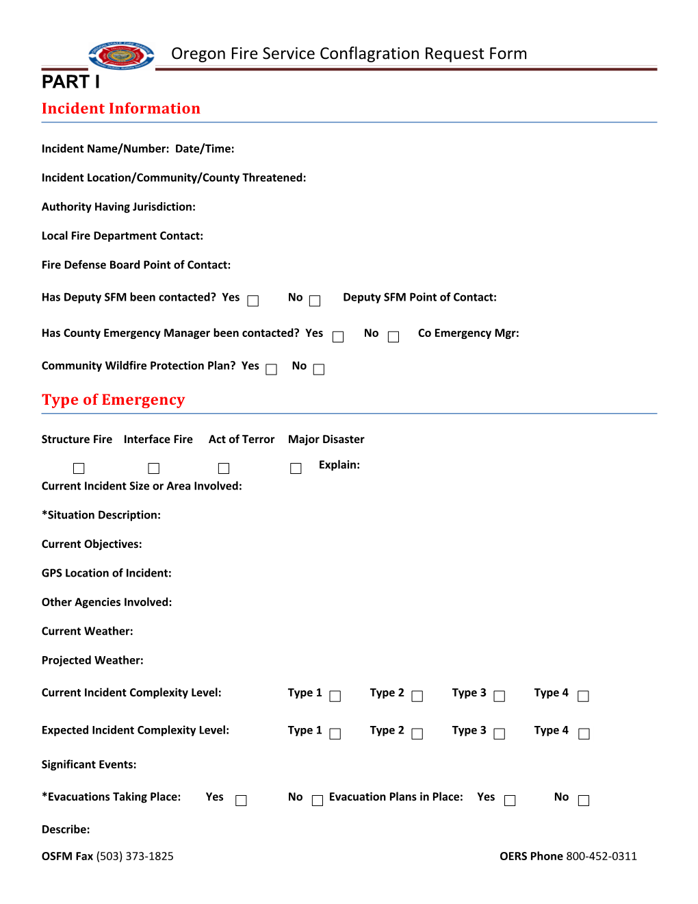 Oregon Fire Service Conflagration Request Form