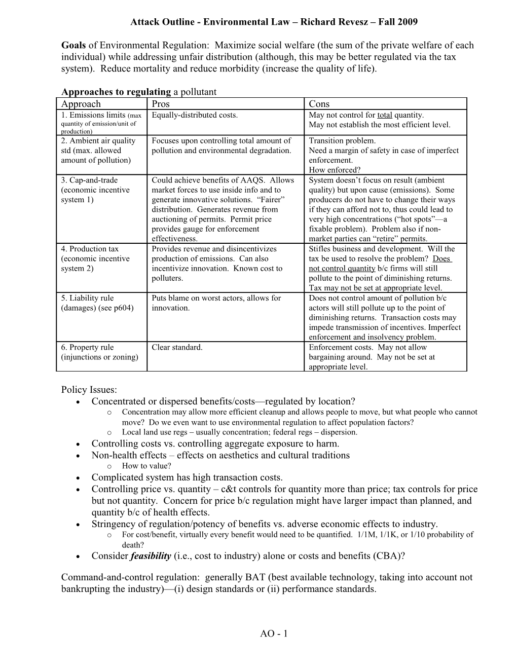 Attack Outline - Environmental Law Richard Revesz Fall 2009