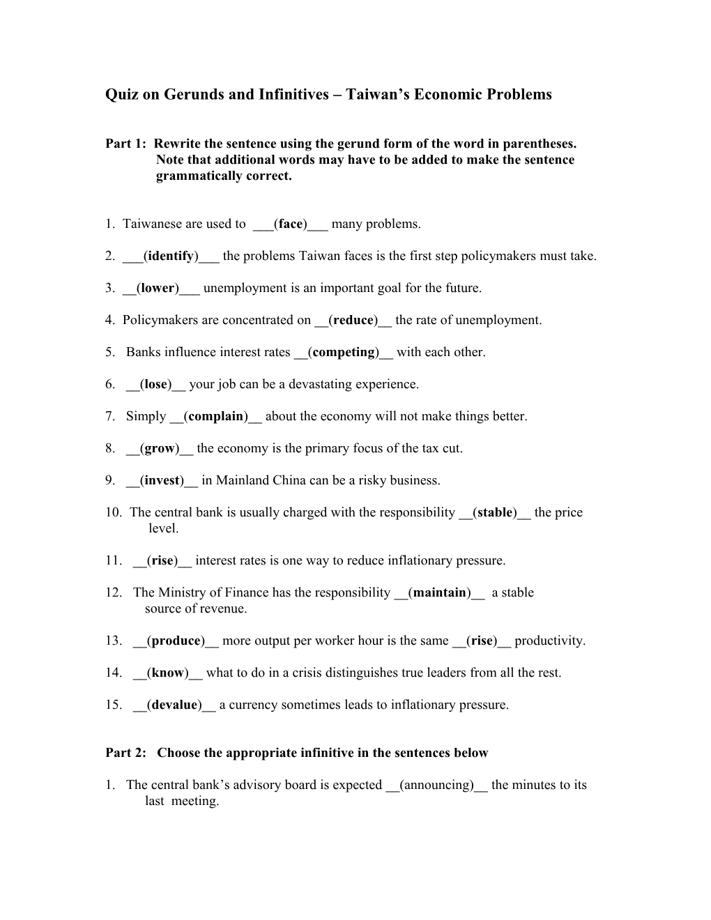 Quiz on Nouns the Economic Role of Government