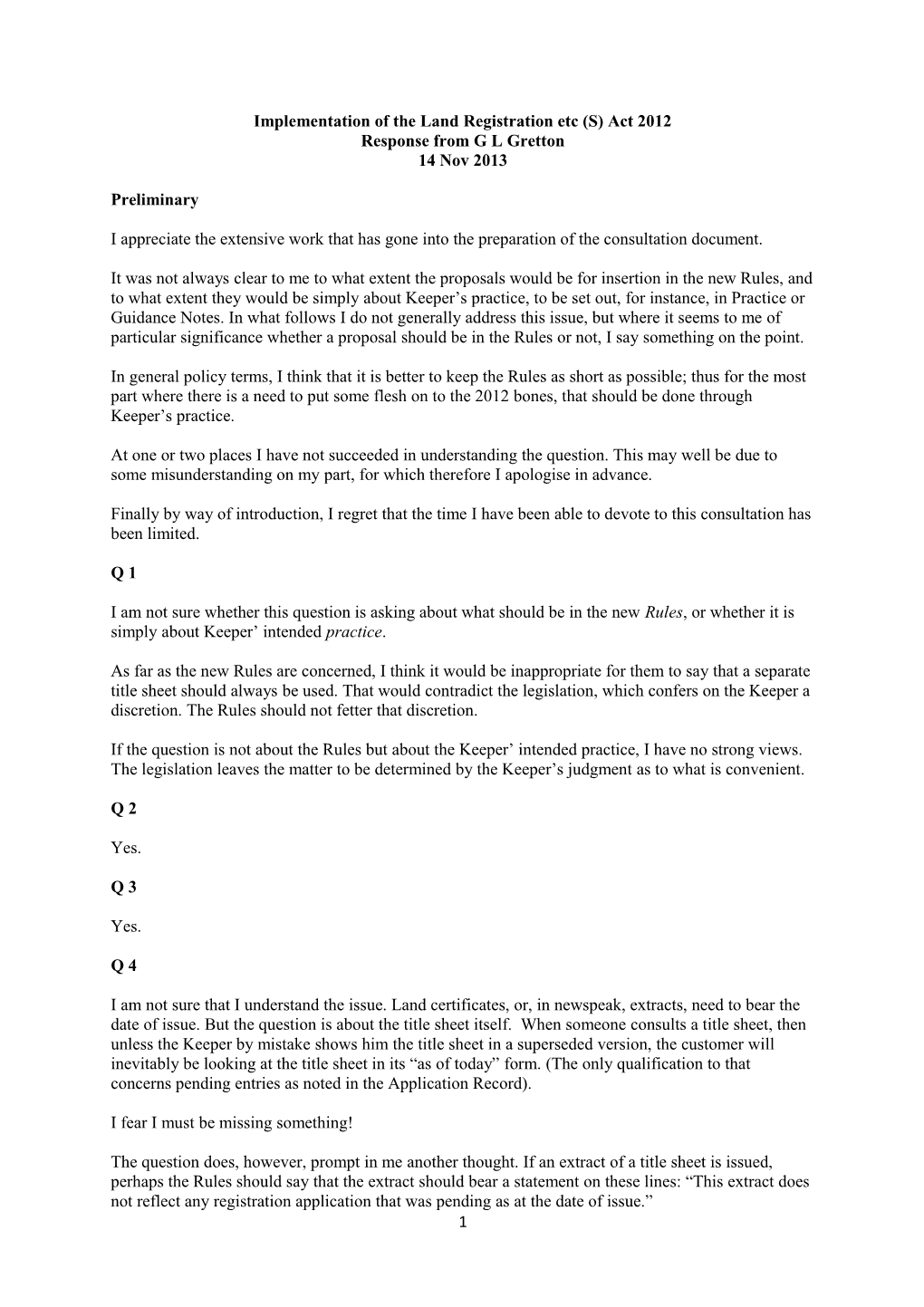 Implementation of the Land Registration Etc (S) Act 2012