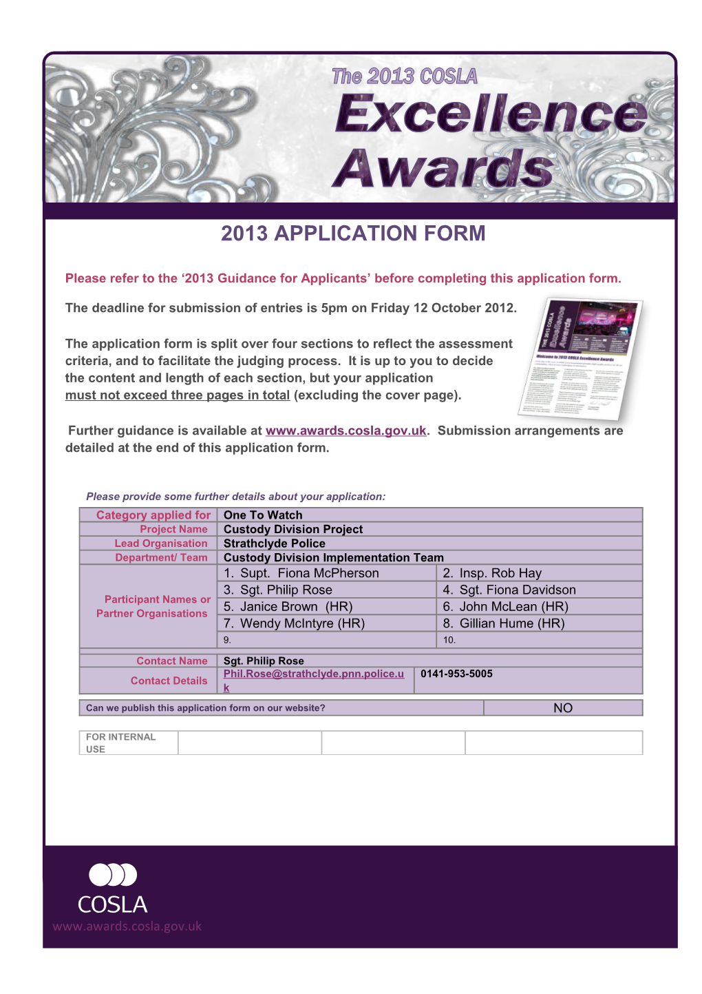 COSLA Excellence Awards 2013 - Application Form