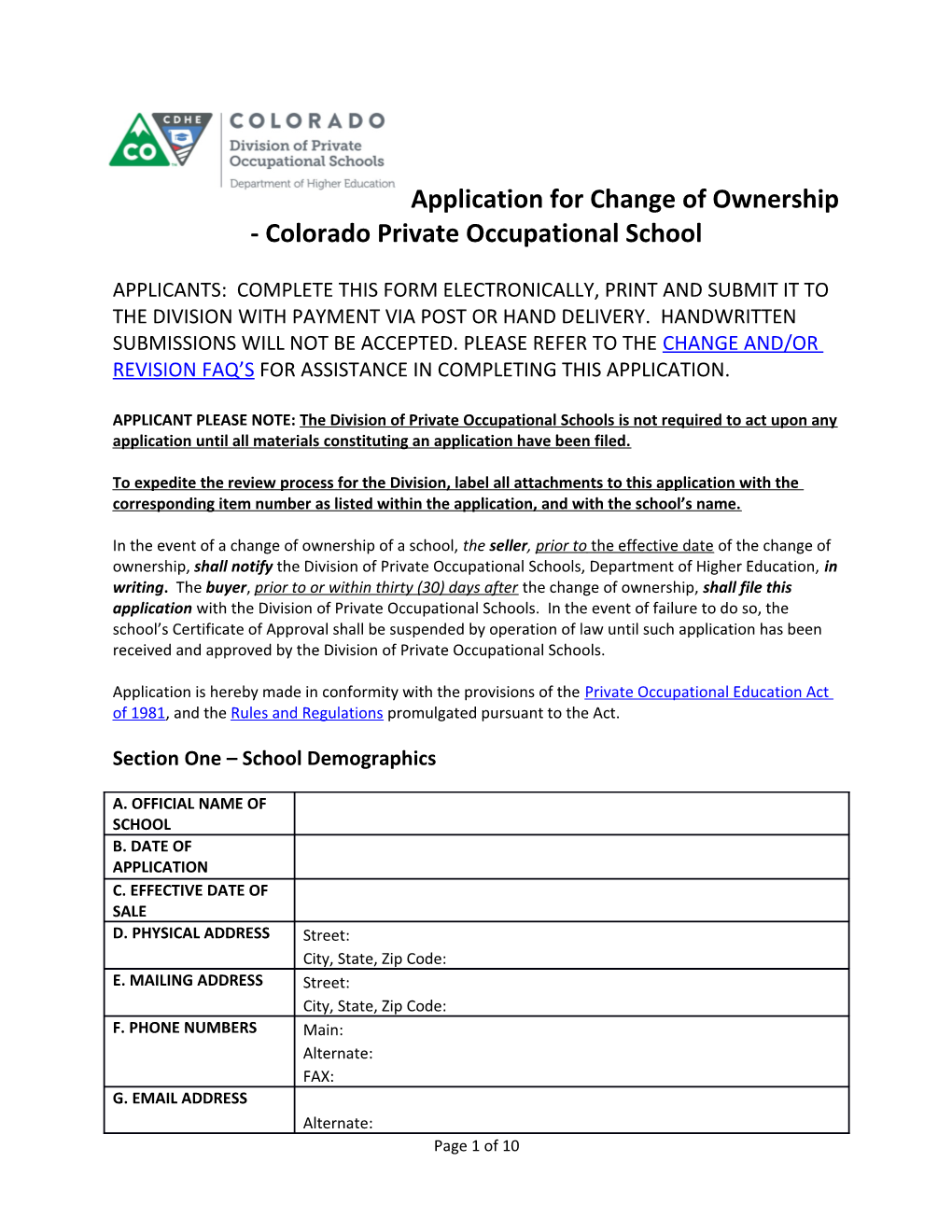 Application for Change of Ownership - Colorado Private Occupational School s1