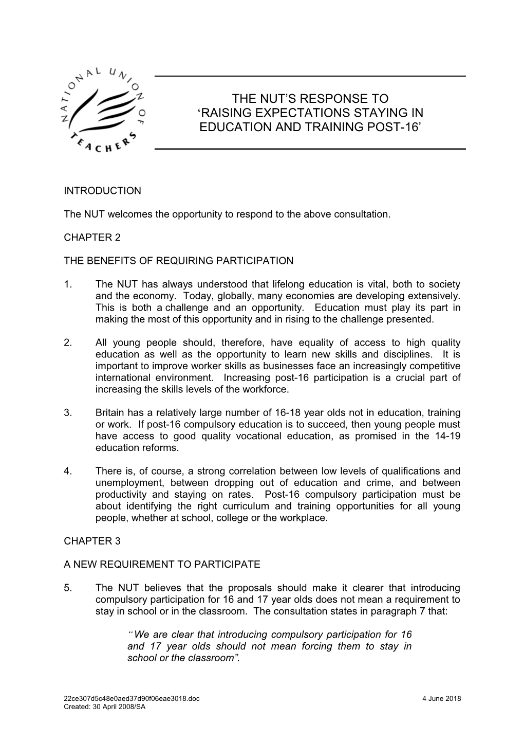 The Nut S Response to Raising Expectations Staying Education and Training Post-16