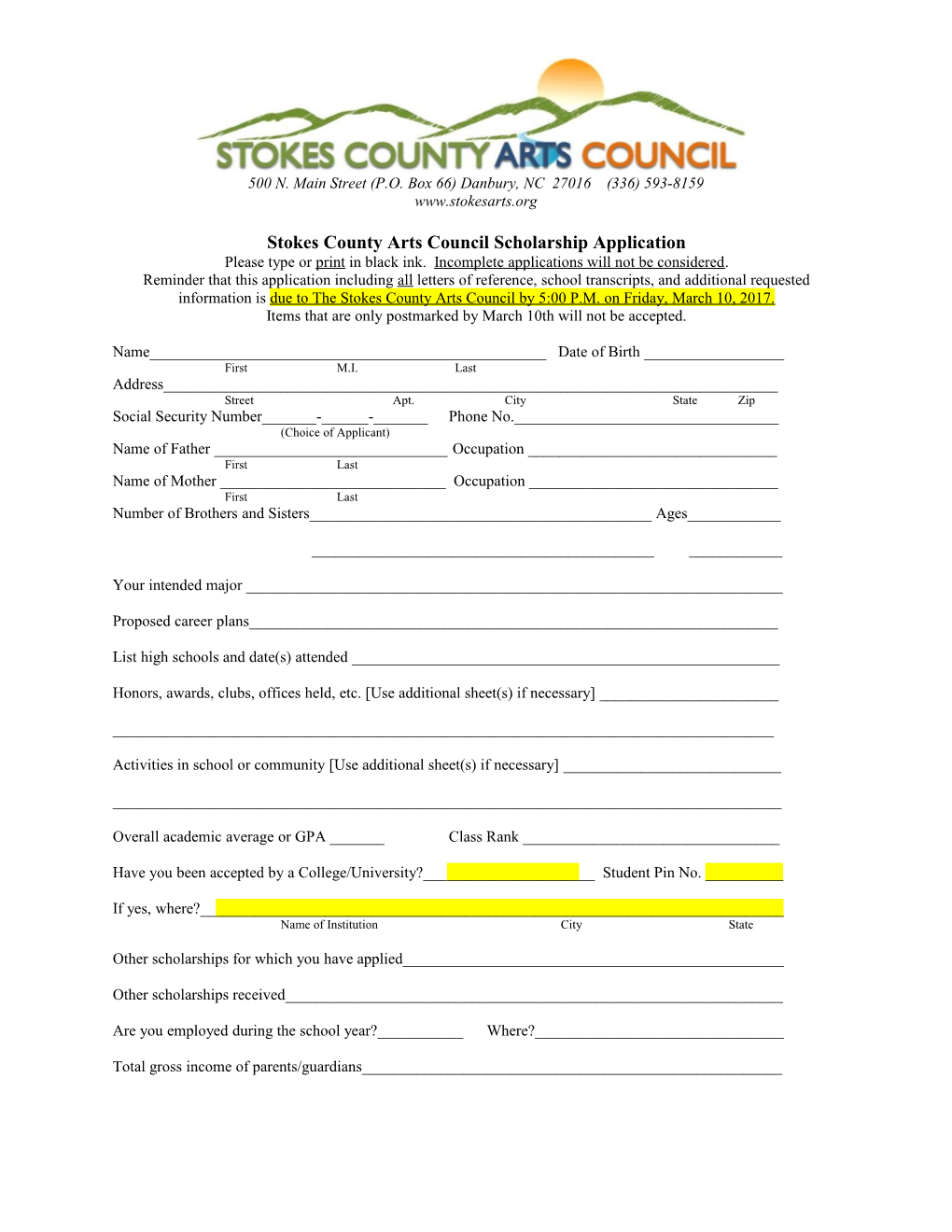 Stokes County Arts Council Scholarship Application