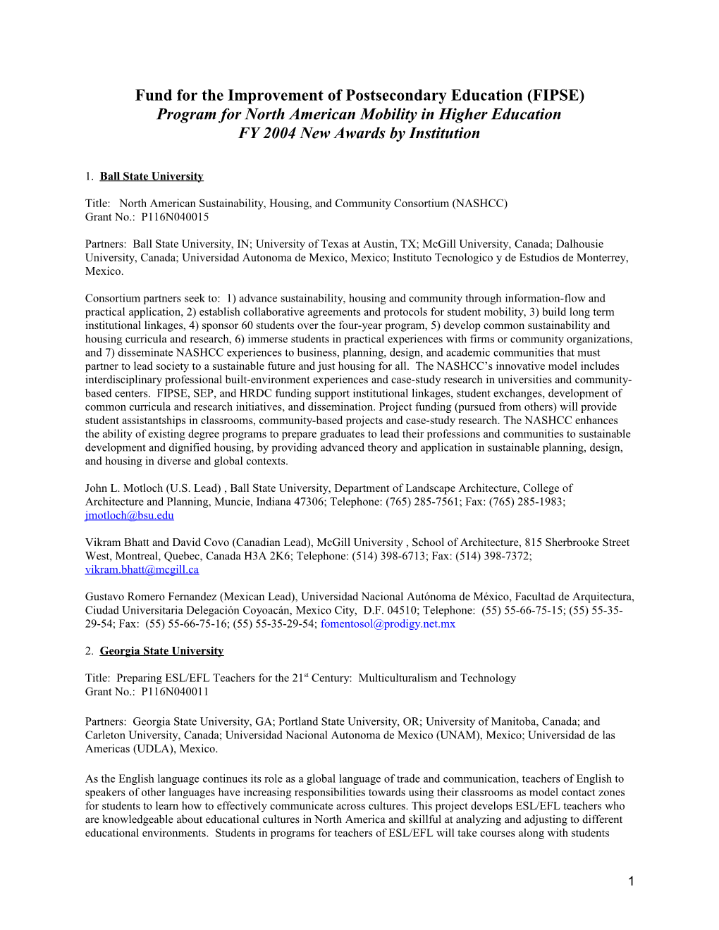 FY 2004 Project Abstracts for the Program for North American Mobility in Higher Education (PDF)