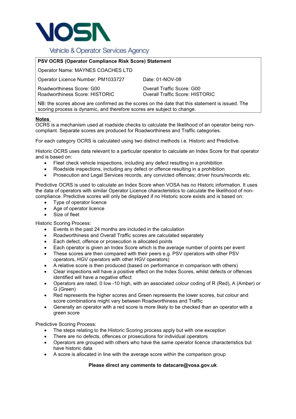 PSV OCRS (Operator Compliance Risk Score) Statement