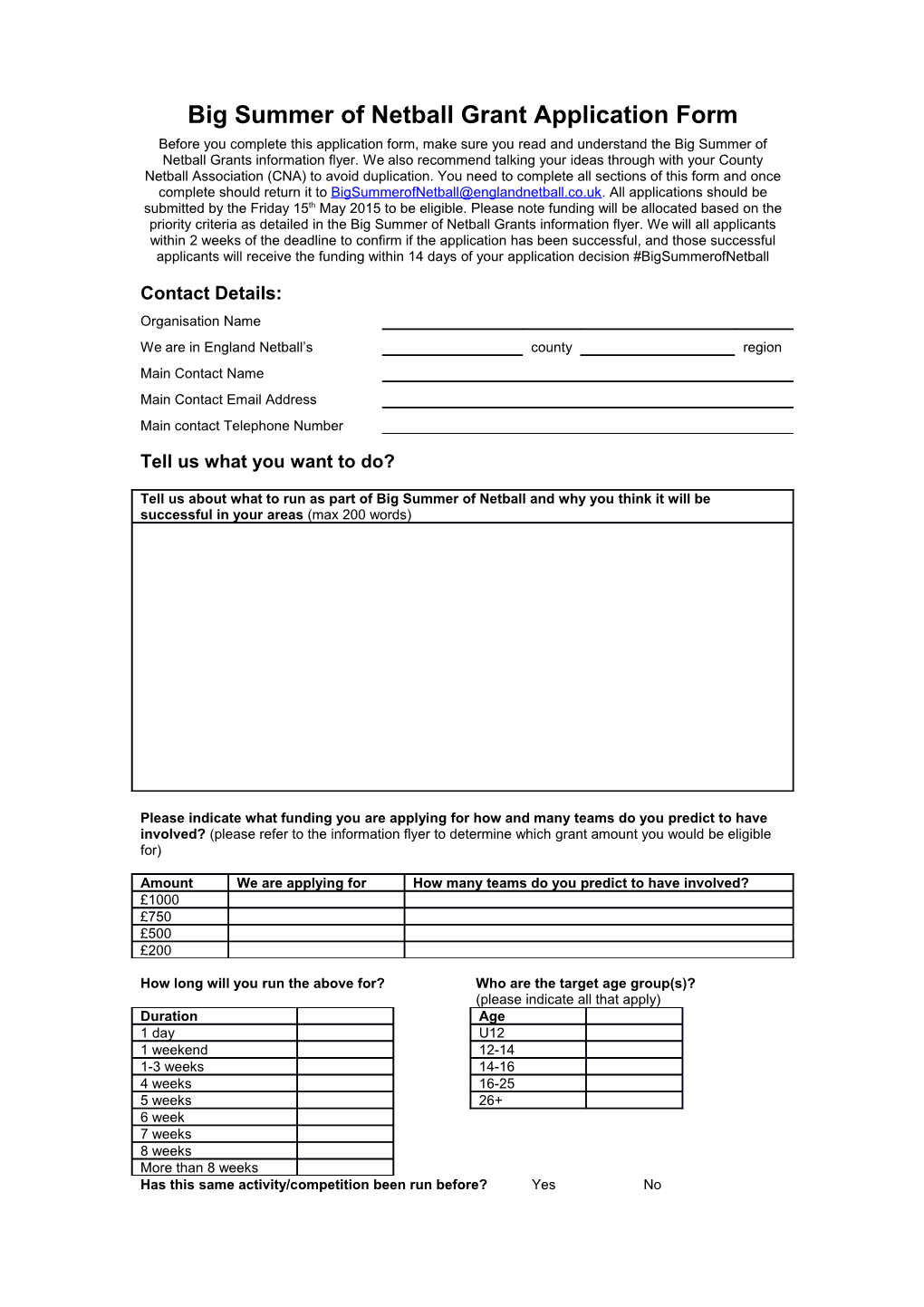 Big Summer of Netball Grant Application Form