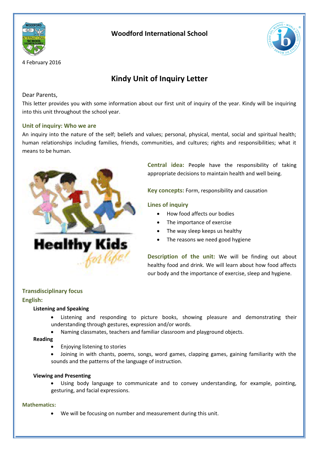 Kindy Unit of Inquiry Letter