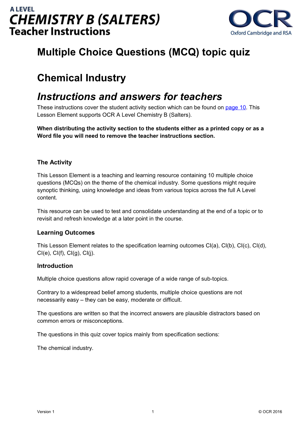 OCR a Level Chemistry B (Salters) Multiple Choice Question Quiz (Chemical Industry)